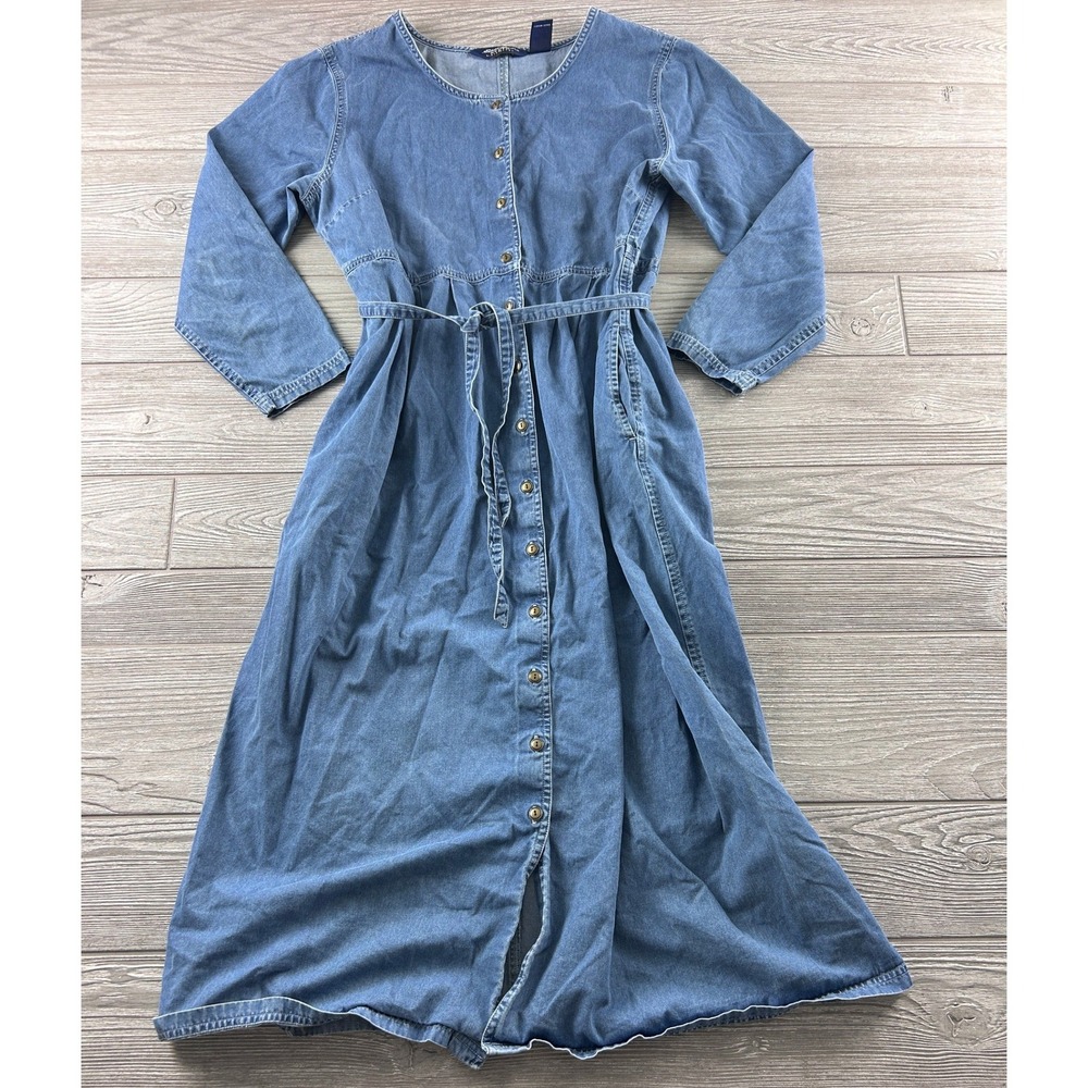 Eddie Bauer Denim Maxi Dress Womens Large Petite Blue Cotton Button Front Belted